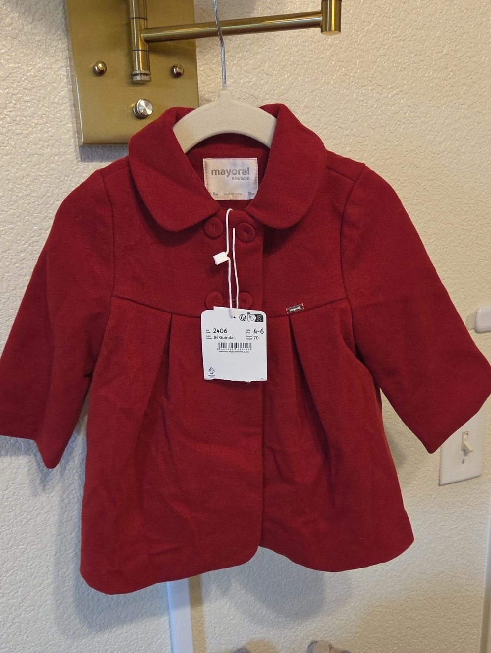 Mayoral Red Girls' Pea Coat with Peter Pan Collar 4-6 Months